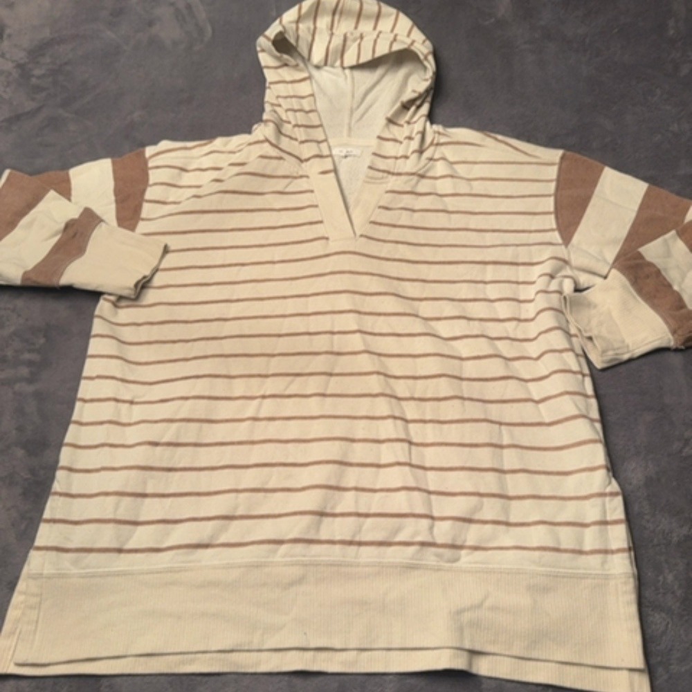 Maurices Hoodie Women XL Beige White Striped Pullover V-Neck Casual Comfortable